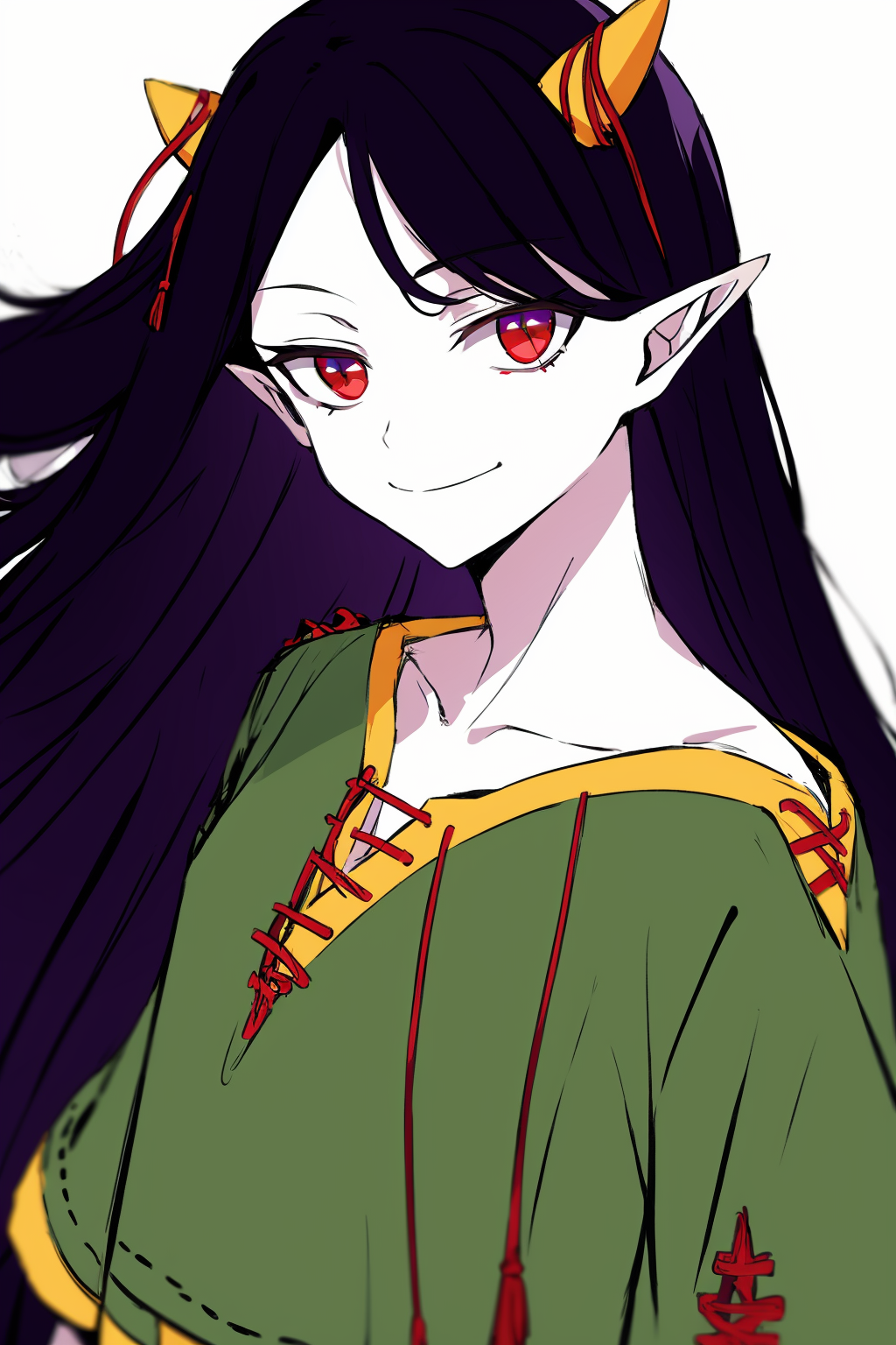 30903-3452385085-masterpiece, best quality,   _lora_NippakuZanmu_1_horns, red eyes, solo, black hair, long hair, pointy ears, smile, colored skin.png